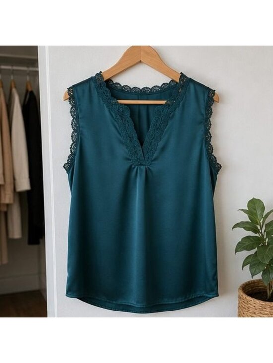 None Tops - Teal Lace Trim Top